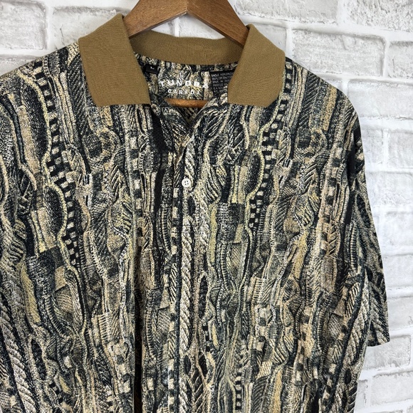 Tundra Canada Vtg 90s Coogie Style Neutral Print Collared Polo Shirt Mens LARGE - Picture 1 of 6